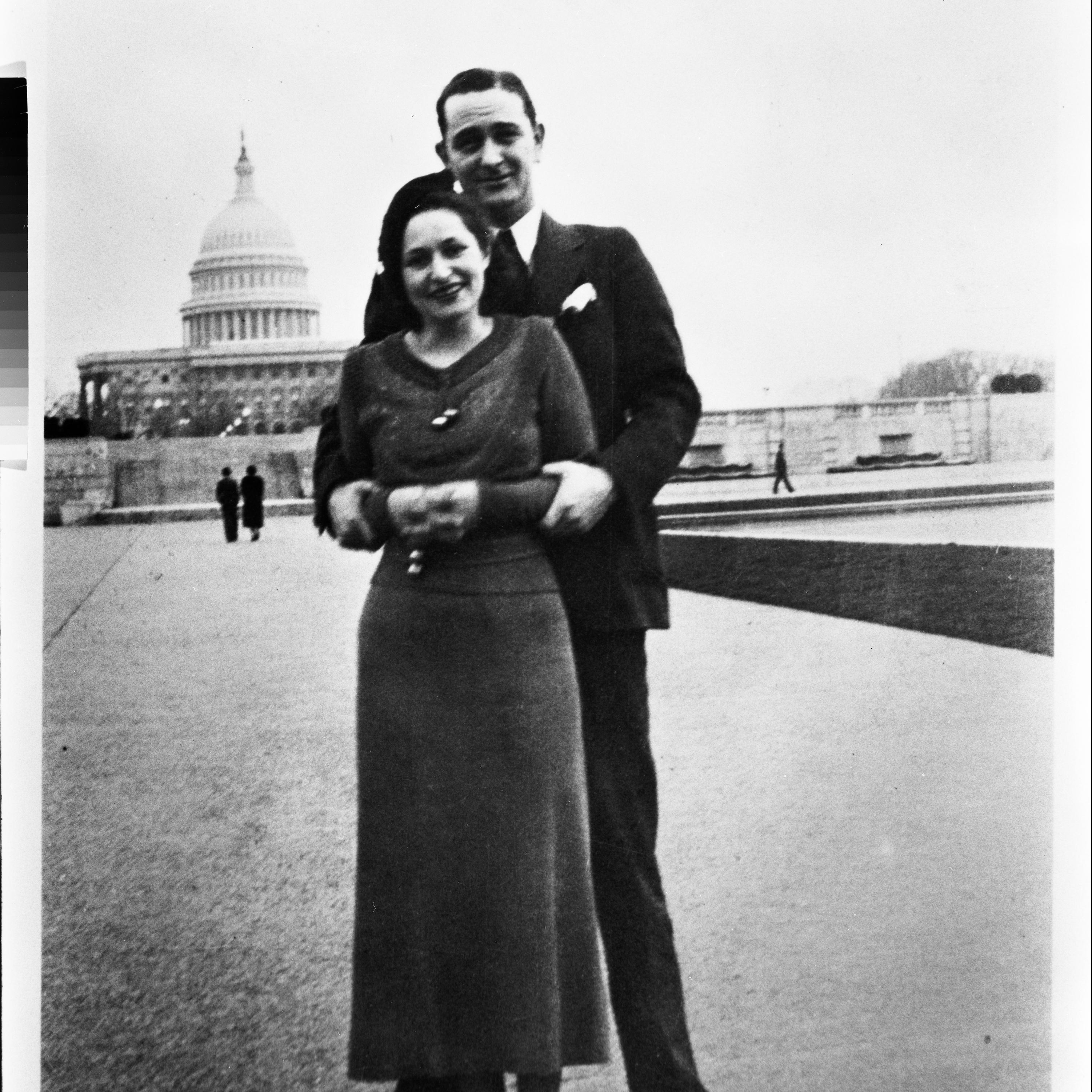 Lady Bird and Lyndon Johnson pose with the U.S. Capitol in the background
